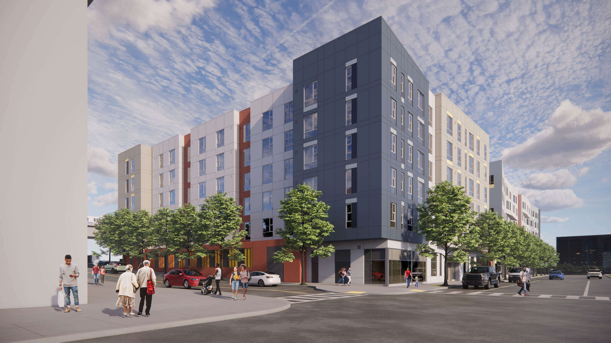 A street view of a city with people walking and cars driving at Elora Apartments, El Cerrito, 94530
